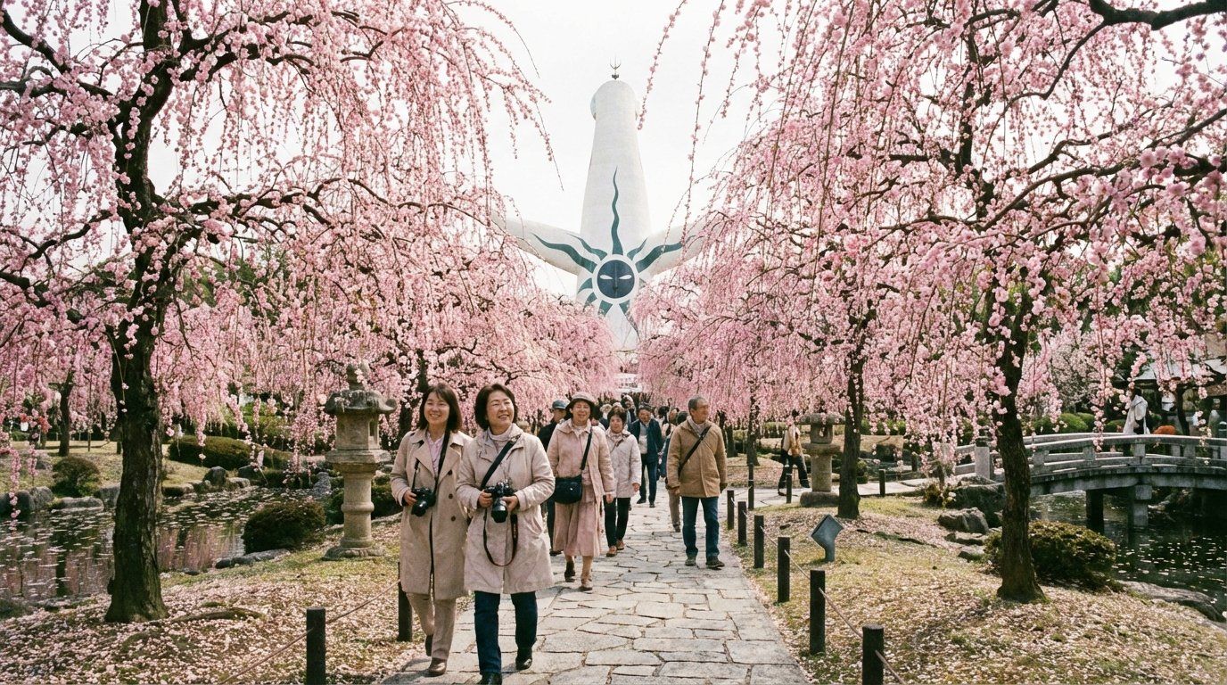 A visitor enjoying a cup of matcha at the Plum Tea Pavilion inside Osaka Castle Plum Grove, surrounded by blooming ume trees in soft pink and white, with the castle visible through the branches, steam rising from the green tea bowl