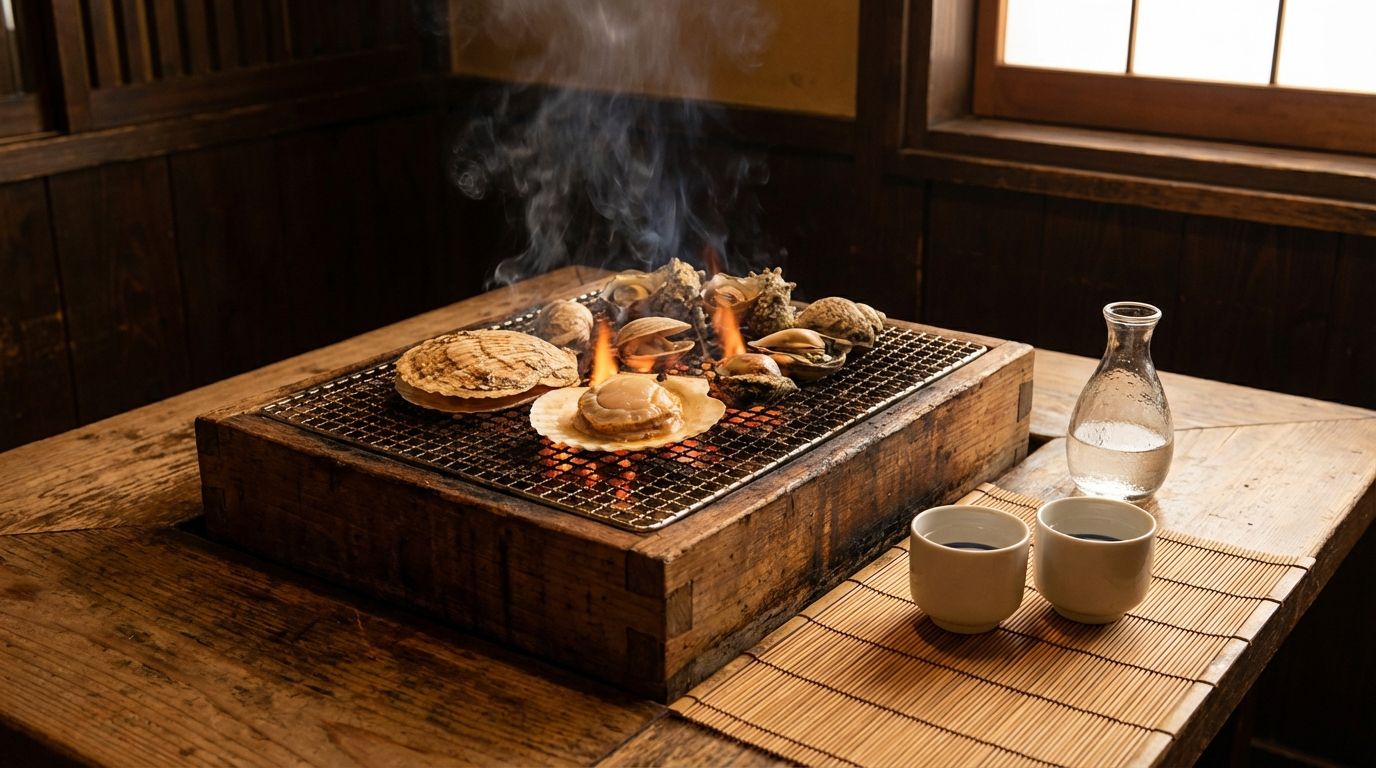 신선한 가리비와 조개가 구워지는 테이블 숯불 화로(囲炉裏), 옆에 사케 잔이 놓여 있고 숯불의 따뜻한 빛이 배경에 깔리는 모습