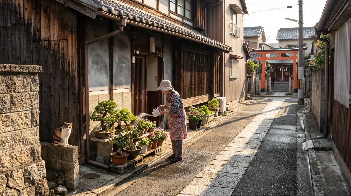 A quiet morning scene on a Konohana residential street, elderly woman watering potted plants outside a traditional house, a cat sitting on a low wall, morning light creating long shadows, shrine torii gate visible at the end of the narrow road