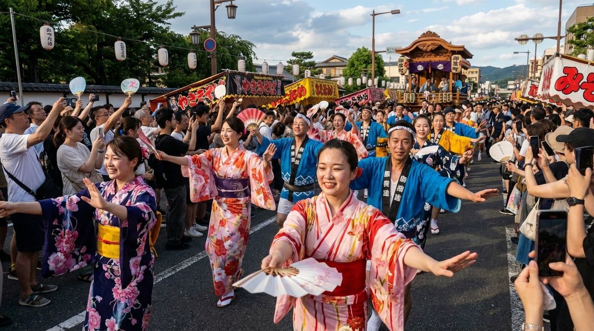 Dancers performing at Japanese festival in Japan, traditional costumes with vivid colors, energetic movement, crowd cheering