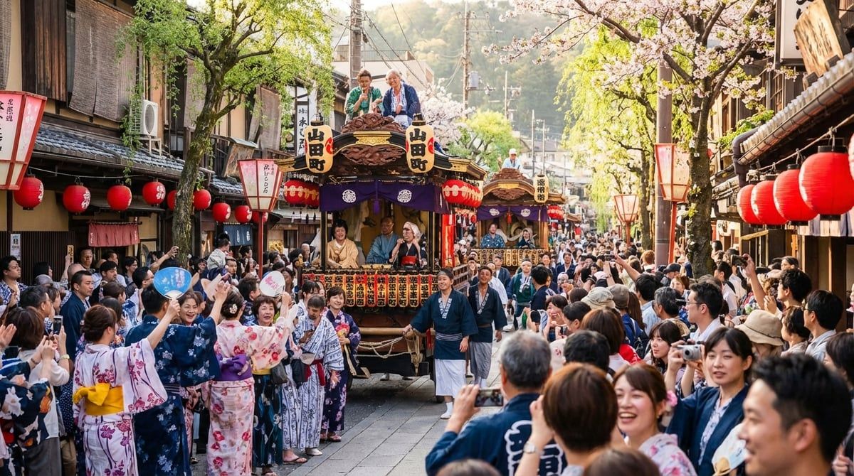 Japanese festival parade with decorated floats moving through streets of Japan, excited crowds watching from sidewalks, festive atmosphere, vibrant colors