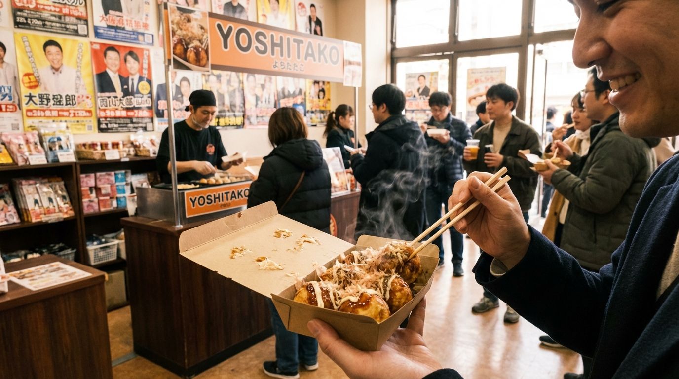 The NGK theater lobby and takoyaki shop area — a visitor holding a fresh box of golden-brown takoyaki from the Yoshitako counter, steam rising from the crispy balls, comedian merchandise and colorful posters displayed on the walls behind, other theatergoers browsing goods and chatting before the show