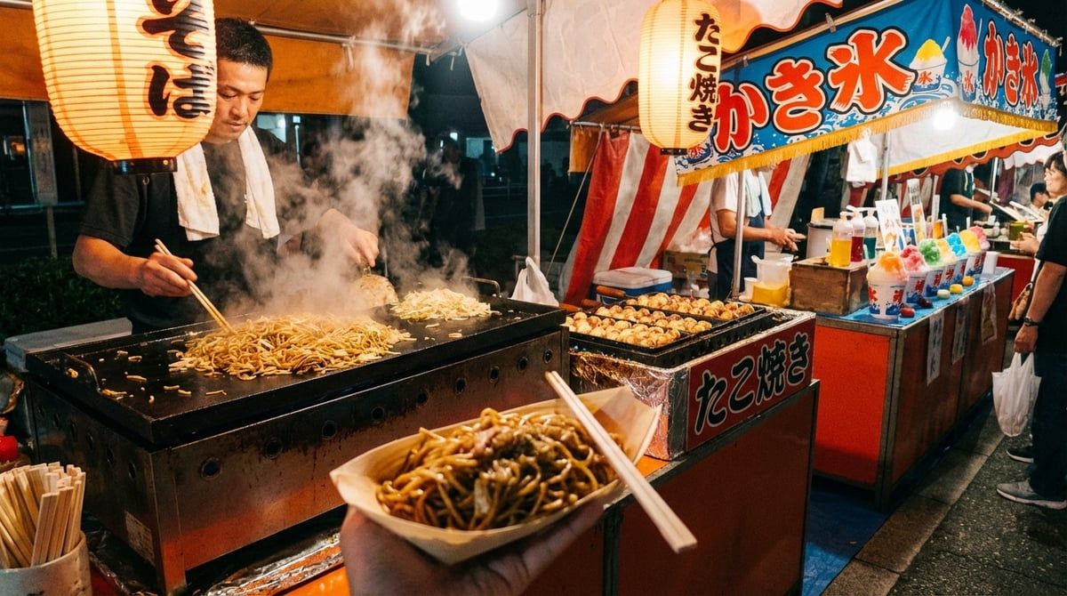 Festival food stalls at Japanese festival in Japan, yakisoba sizzling on griddle, takoyaki and kakigori, lantern-lit evening, steam rising