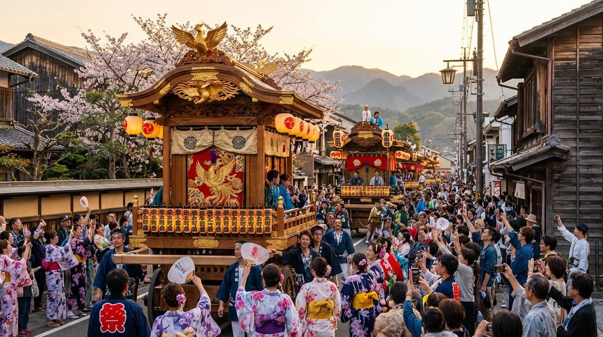 Japanese festival parade with decorated floats moving through streets of Japan, excited crowds watching from sidewalks, festive atmosphere, vibrant colors