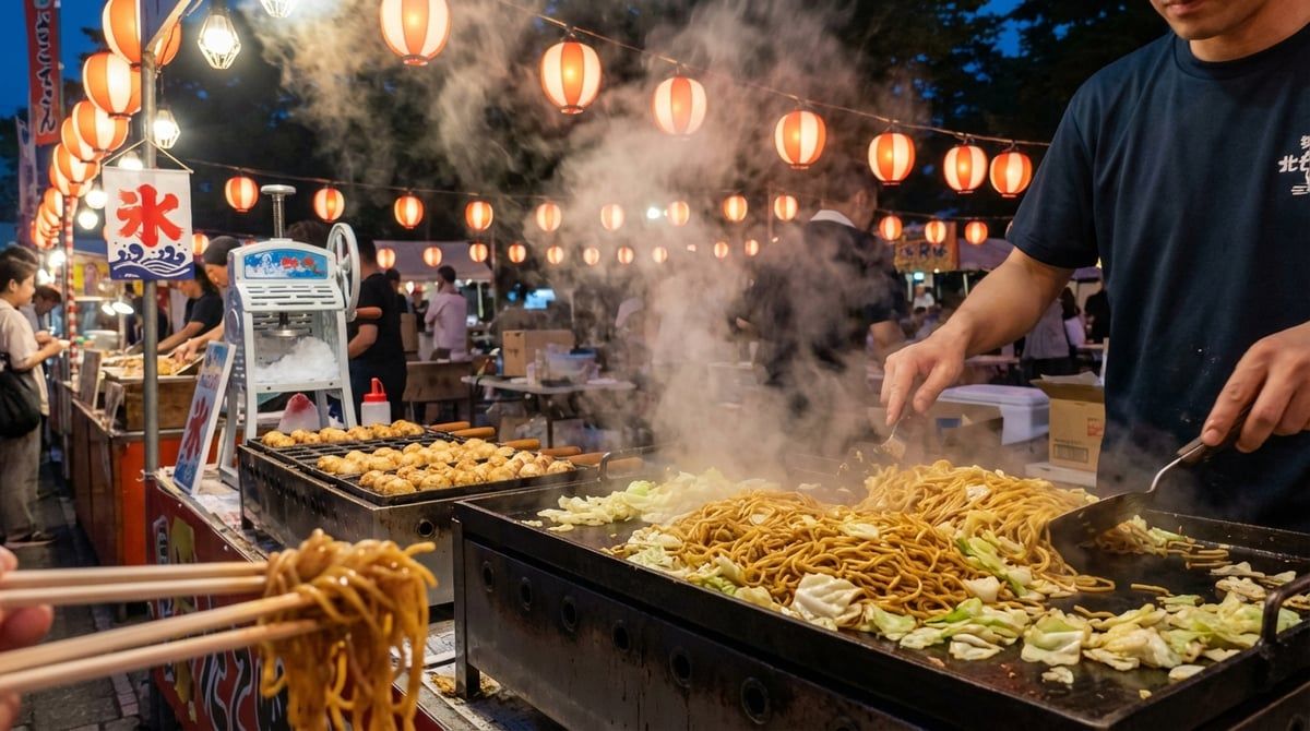 Festival food stalls at Japanese festival in Hokkaido, yakisoba sizzling on griddle, takoyaki and kakigori, lantern-lit evening, steam rising