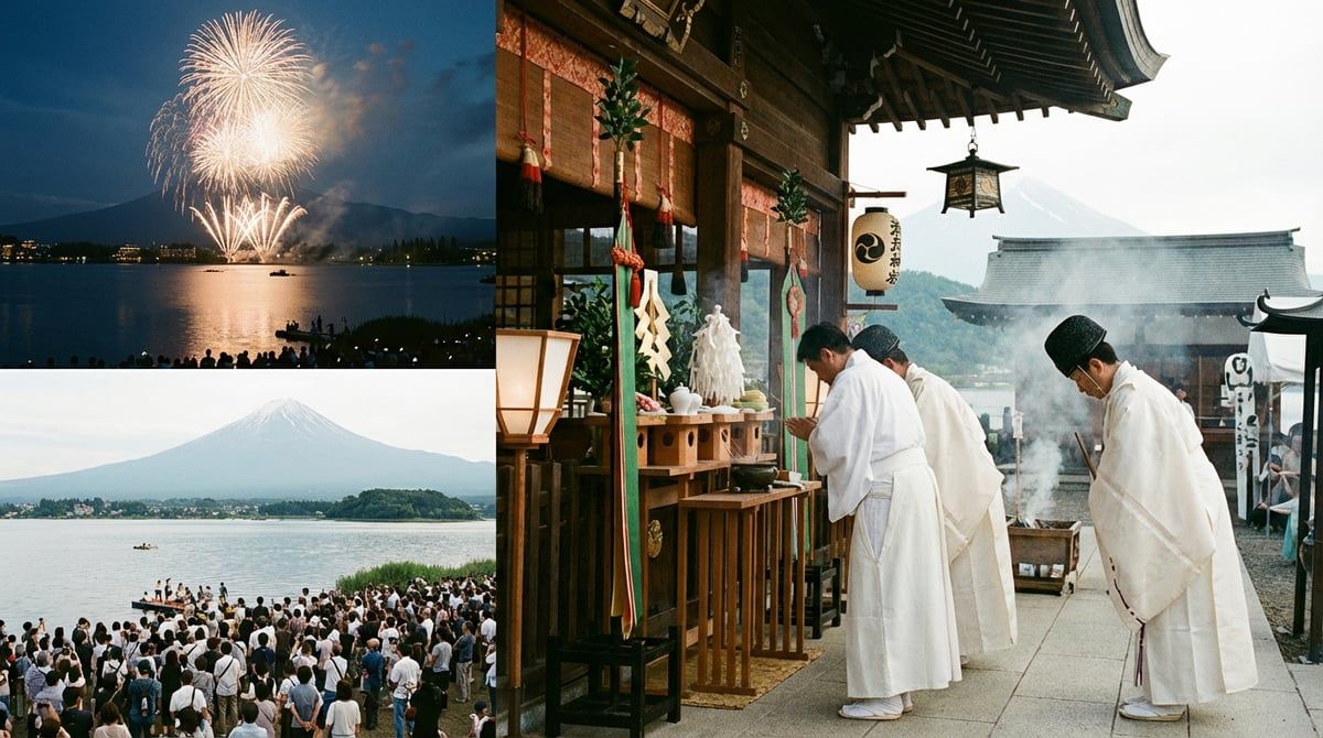 Shinto shrine ceremony during Lake Kawaguchiko Fireworks at Kawaguchiko, Yamanashi, priests in white robes, sacred ritual, incense smoke, solemn atmosphere