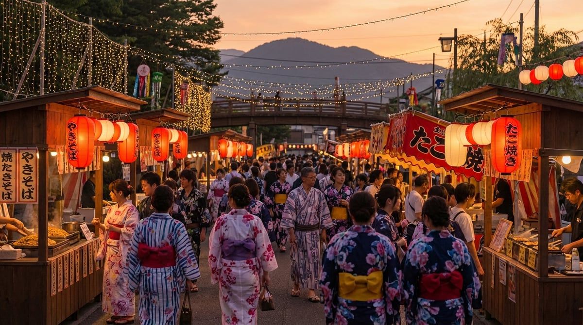 Japanese summer festival atmosphere in Sendai City, people in colorful yukata, festival stalls with lanterns, warm summer evening
