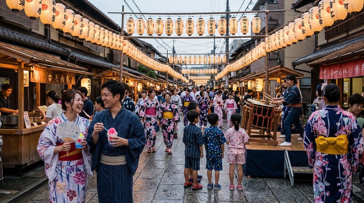 Visitors in yukata enjoying Japanese festival in Japan, friendly festival atmosphere, traditional lanterns, summer evening
