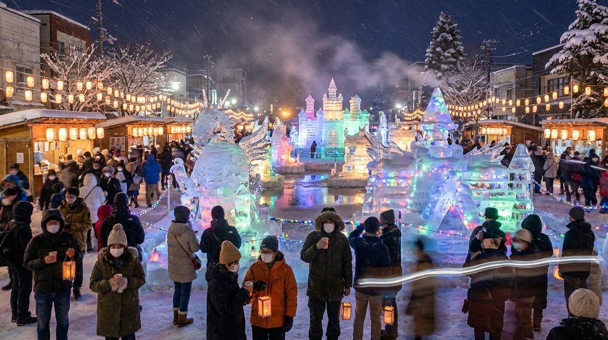 Japanese festival winter scene in Japan, elaborate snow and ice sculptures illuminated at night, crisp atmosphere, visitors bundled in warm clothes