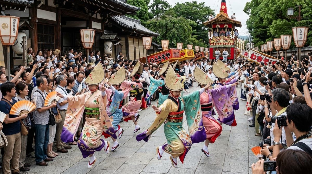 Dancers performing at Japanese festival in Kyoto, traditional costumes with vivid colors, energetic movement, crowd cheering
