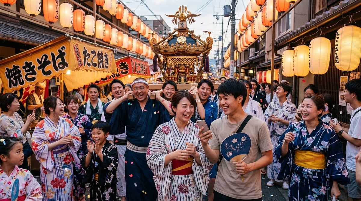 Vibrant crowd enjoying Japanese festival in Japan, happy faces, traditional and modern mix, festival energy, colorful scene
