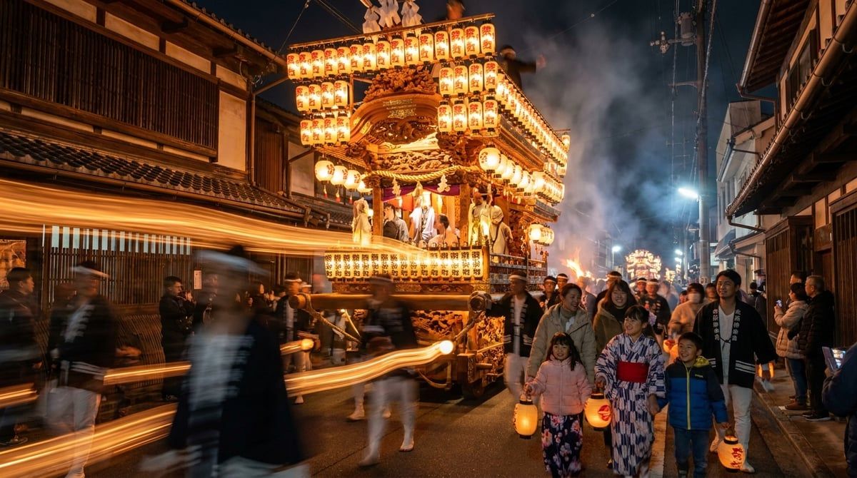 Danjiri float at night covered in around 200 glowing paper lanterns, moving slowly through a Kishiwada street, families walking alongside, warm amber light