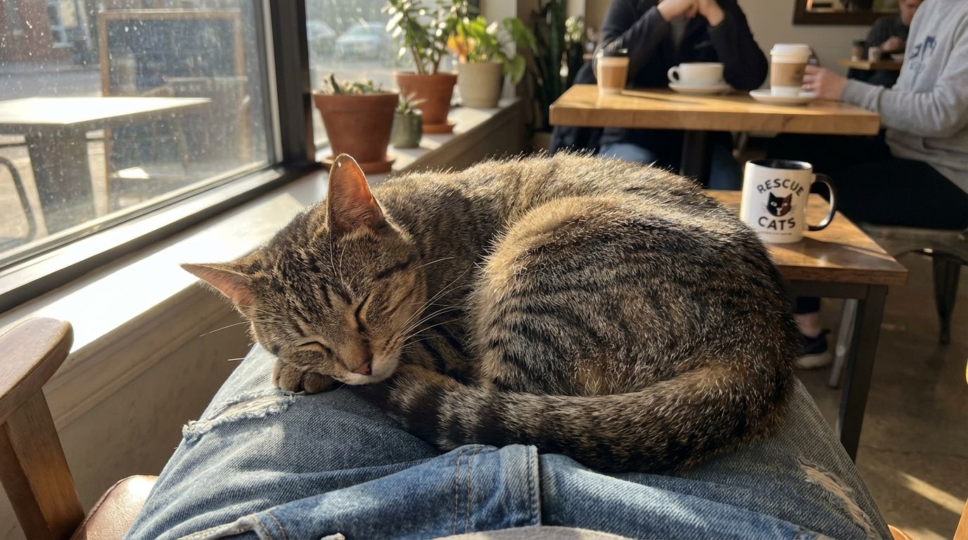 一只虎斑救助猫安静地趴在某人的膝盖上，阳光从窗户洒入咖啡馆