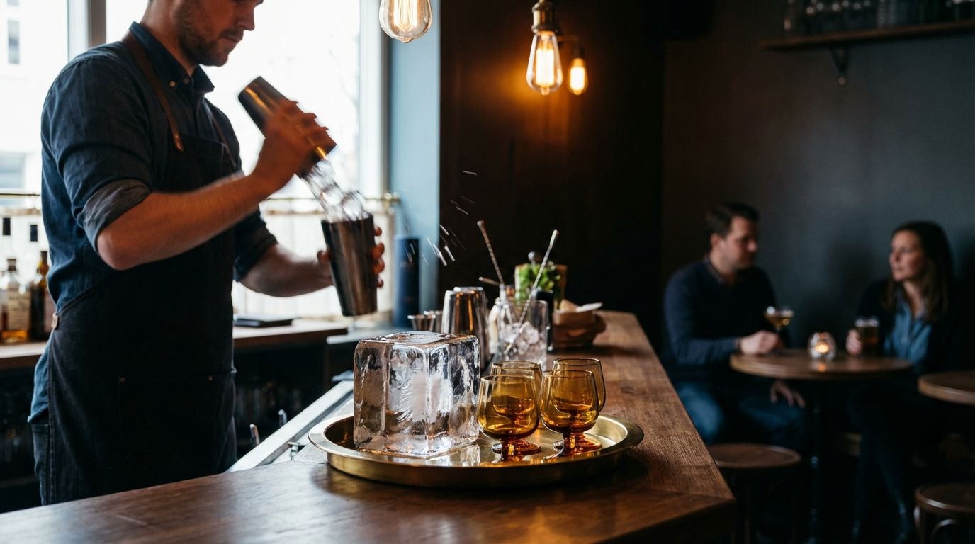 Nội thất quầy bar thân mật, bartender đang pha cocktail, ánh sáng ấm làm nổi bật đá chạm tay và ly tùy chỉnh, vài khách mờ trong nền