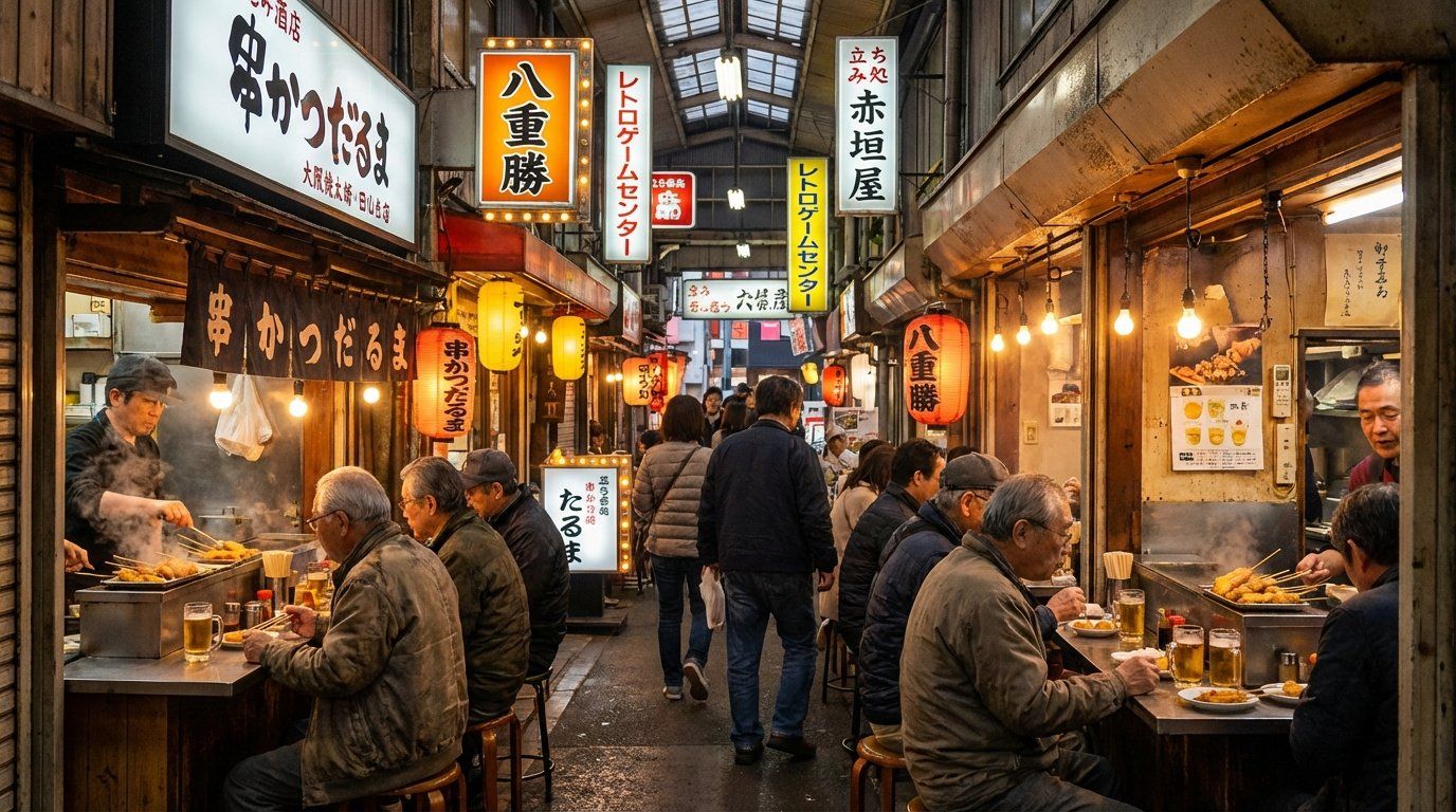 The narrow covered arcade of Janjan Yokocho with its retro neon signs, tiny standing bars and kushikatsu shops on both sides, elderly local men sitting at counters with small glasses of beer, warm evening light creating an amber glow throughout the passage