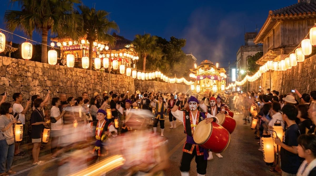 Eisa Festival at night in Okinawa (various), illuminated floats and paper lanterns casting warm glow, magical atmosphere, summer evening