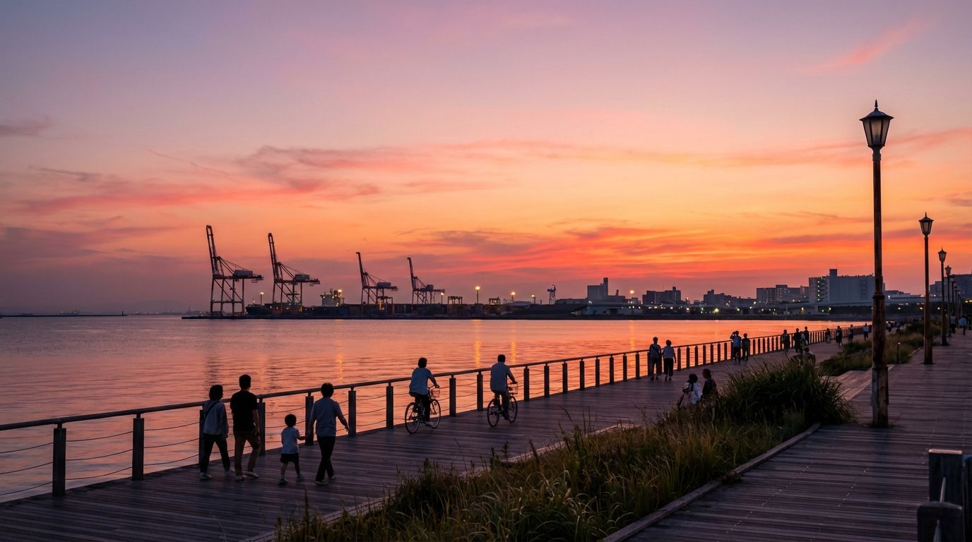 A panoramic view of the Maishima seaside promenade at sunset, silhouettes of walkers and cyclists against an orange-pink sky reflecting off the calm water of Osaka Bay, industrial cranes visible in the far distance creating a unique urban-natural contrast