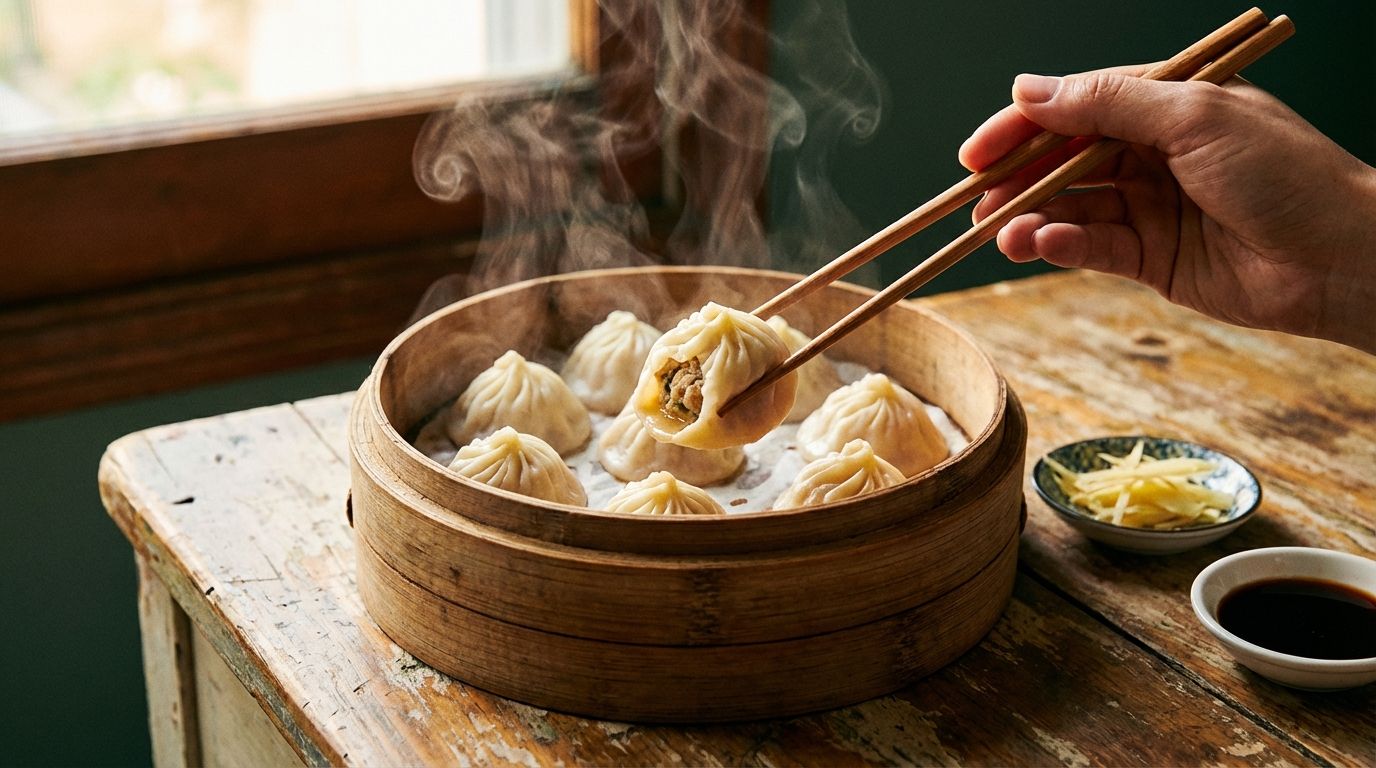 Close-up of steaming xiaolongbao soup dumplings in a bamboo steamer basket, with someone using chopsticks