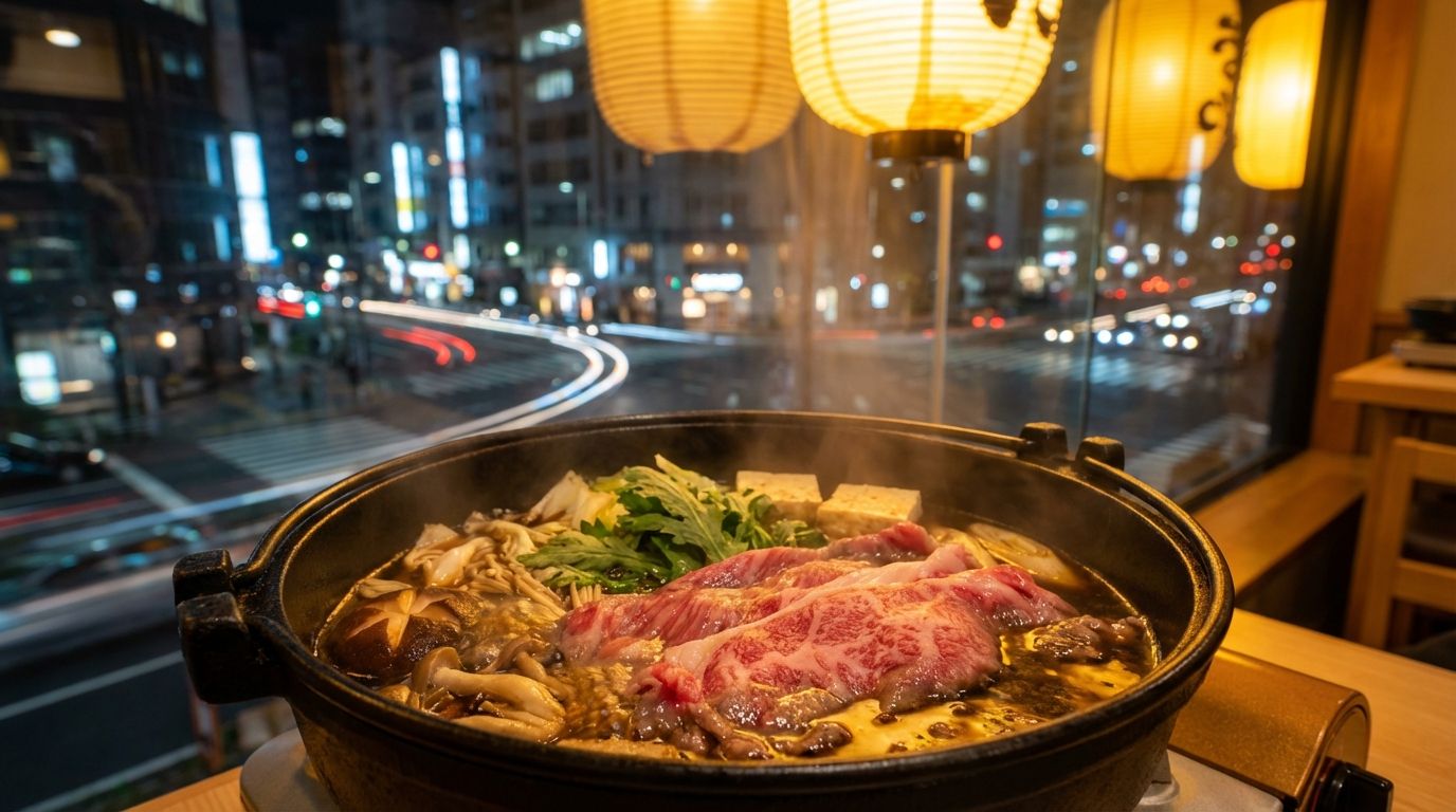 寿喜烧火锅中的顶级A5和牛、新鲜蔬菜和烹饪汤底，夜晚城市灯光透过窗户可见