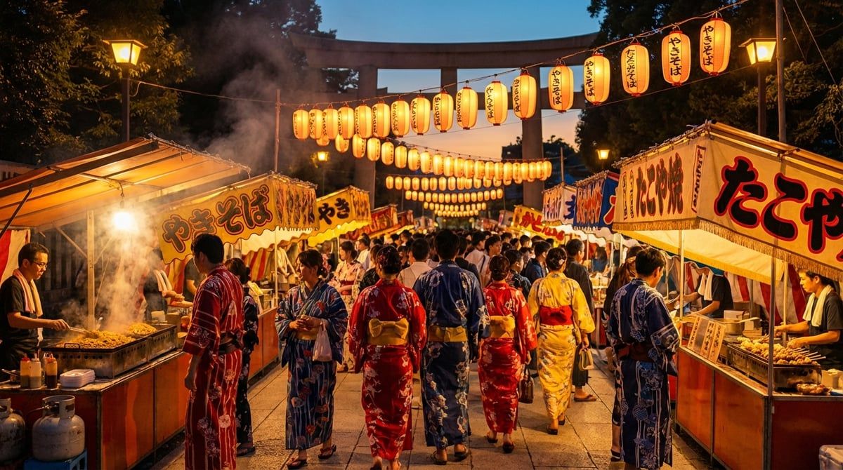 Japanese summer festival atmosphere in Japan, people in colorful yukata, festival stalls with lanterns, warm summer evening