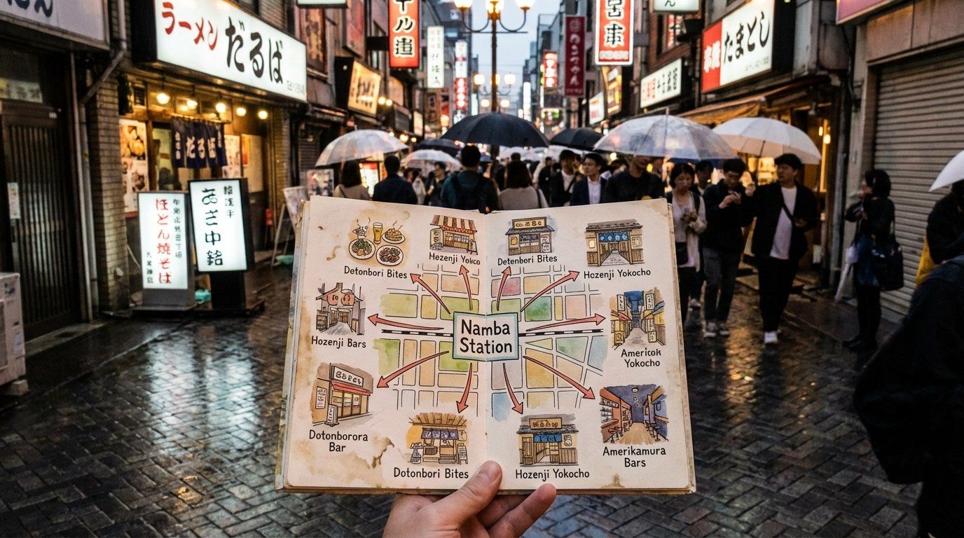 난바역을 기준으로 소개된 레스토랑과 바의 상대적 위치를 보여주는 거리 지도 일러스트