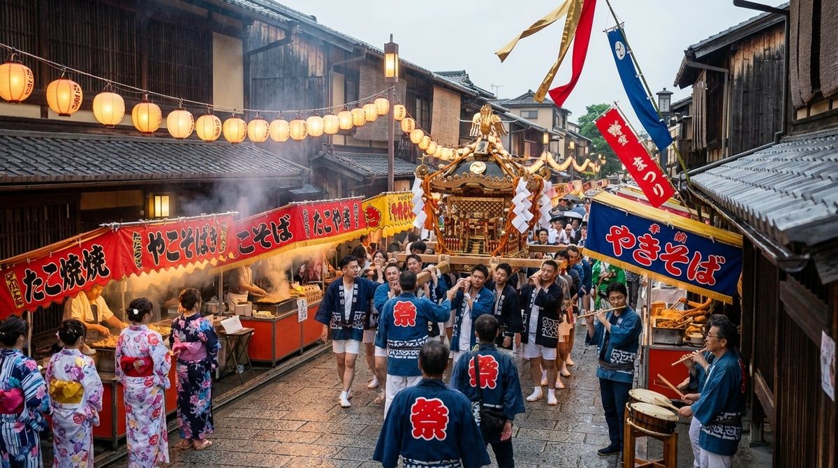 Beautiful scene from Japanese festival in Japan, traditional Japanese festival atmosphere, warm lighting, vibrant colors