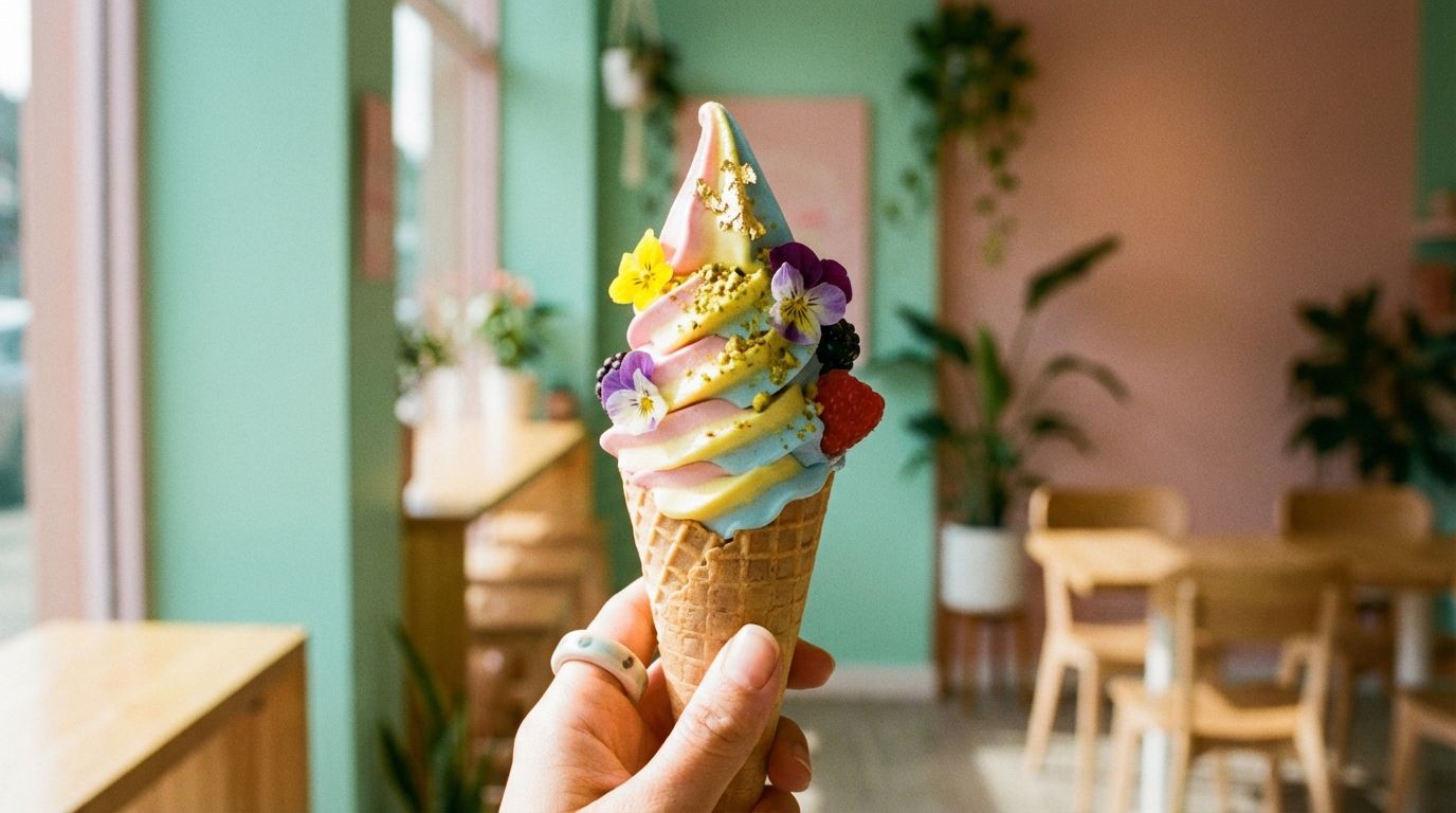 계절 토핑이 올라간 컬러풀한 소프트 아이스크림 콘, 파스텔톤 카페 내부 배경, 자연광