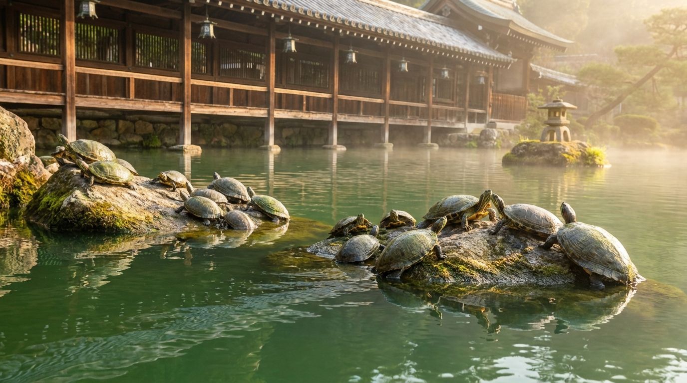 Dozens of turtles climbing onto sun-warmed rocks in Kame-no-Ike pond as the first rays of morning sunlight hit the water, their shells glistening with dew, reflections of the temple corridor rippling on the green water surface