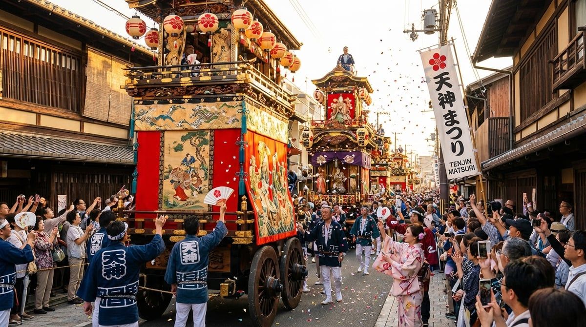 Japanese festival parade with decorated floats moving through streets of Osaka, excited crowds watching from sidewalks, festive atmosphere, vibrant colors