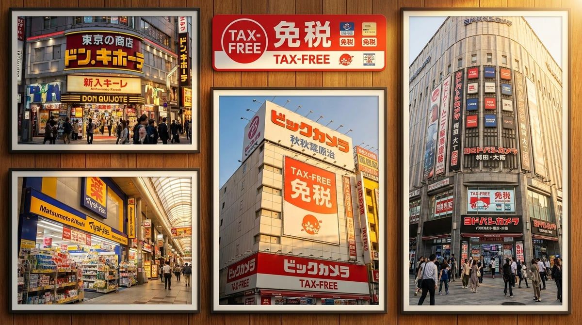 A vibrant collage of tax-free signage at Don Quijote, Matsumoto Kiyoshi, BicCamera, and Yodobashi storefronts in Tokyo and Osaka