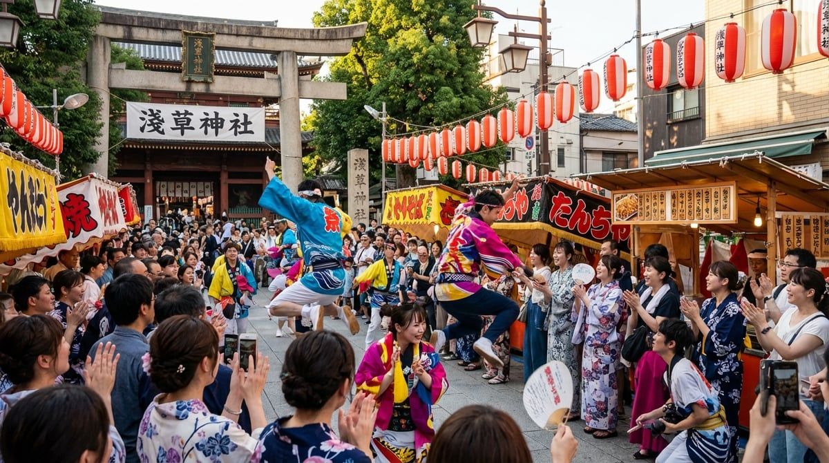 Dancers performing at Japanese festival in Tokyo, traditional costumes with vivid colors, energetic movement, crowd cheering