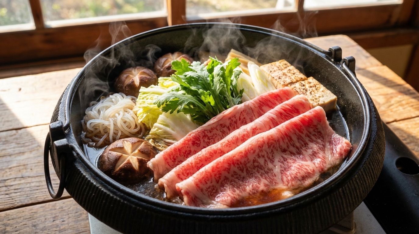 Lẩu sukiyaki với wagyu A5 thái mỏng được sắp xếp thanh lịch bên cạnh rau và đậu phụ, hơi bốc lên từ nước dùng đang sôi
