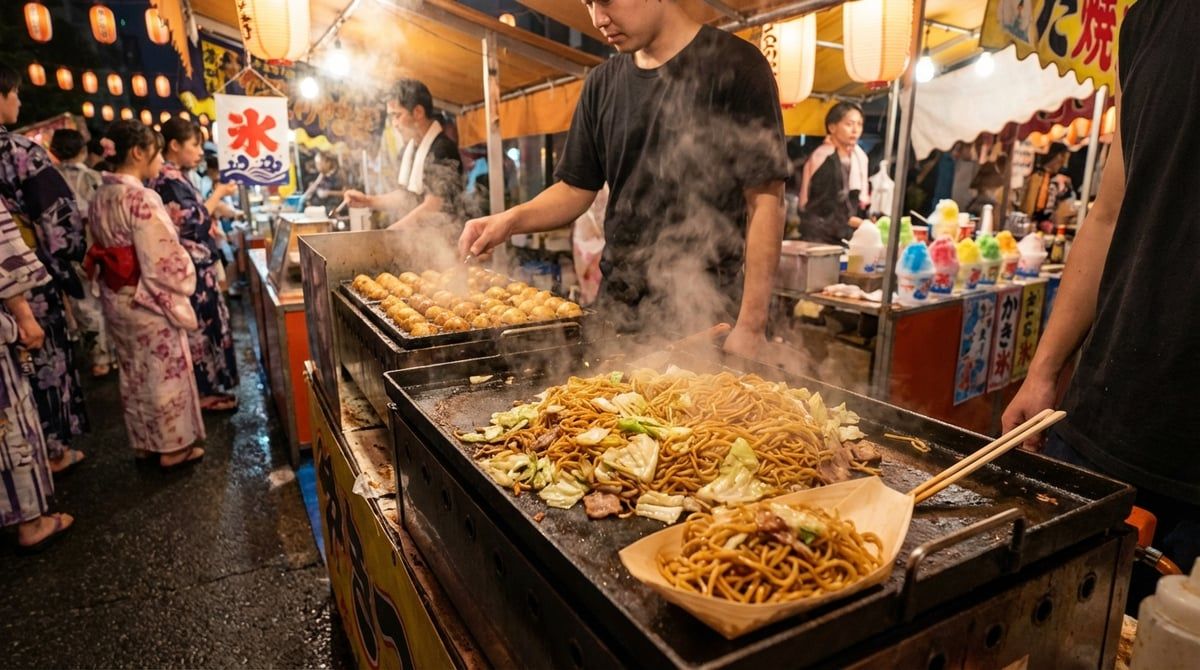 Festival food stalls at Tenjin Matsuri in Osaka (Kita-ku), yakisoba sizzling on griddle, takoyaki and kakigori, lantern-lit evening, steam rising