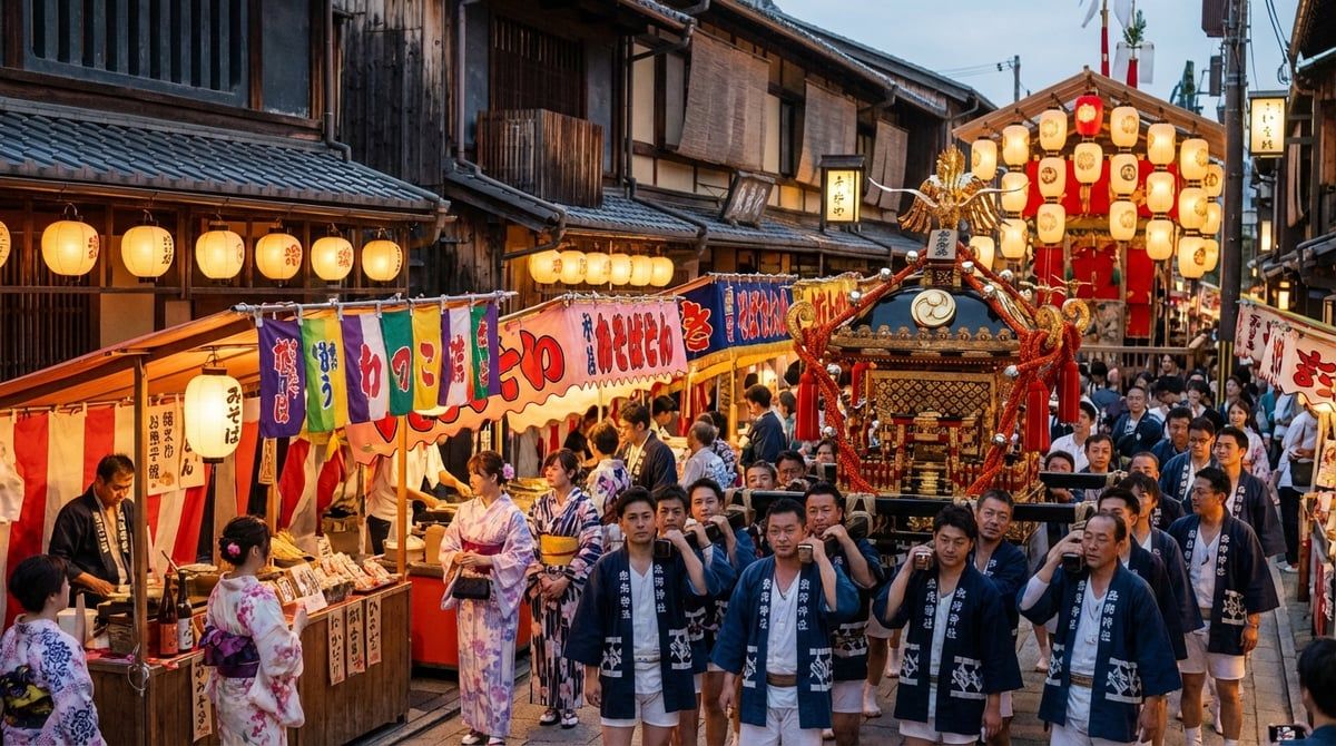Beautiful scene from Japanese festival in Japan, traditional Japanese festival atmosphere, warm lighting, vibrant colors