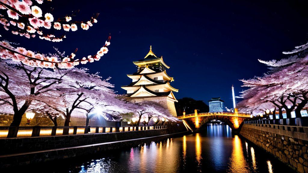 Wide shot of cherry blossom trees along the Okawa River at Kema Sakuranomiya Park, people strolling and rowing boats beneath the pink canopy