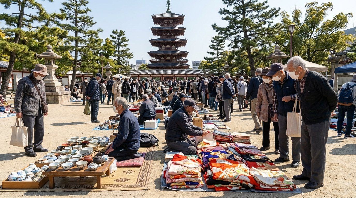 Vibrant flea market scene at Shitennoji on a sunny morning, vendors displaying antique ceramics and colorful vintage kimono on blankets spread across the temple grounds, elderly Japanese shoppers browsing, the five-story pagoda visible through the crowd in the background