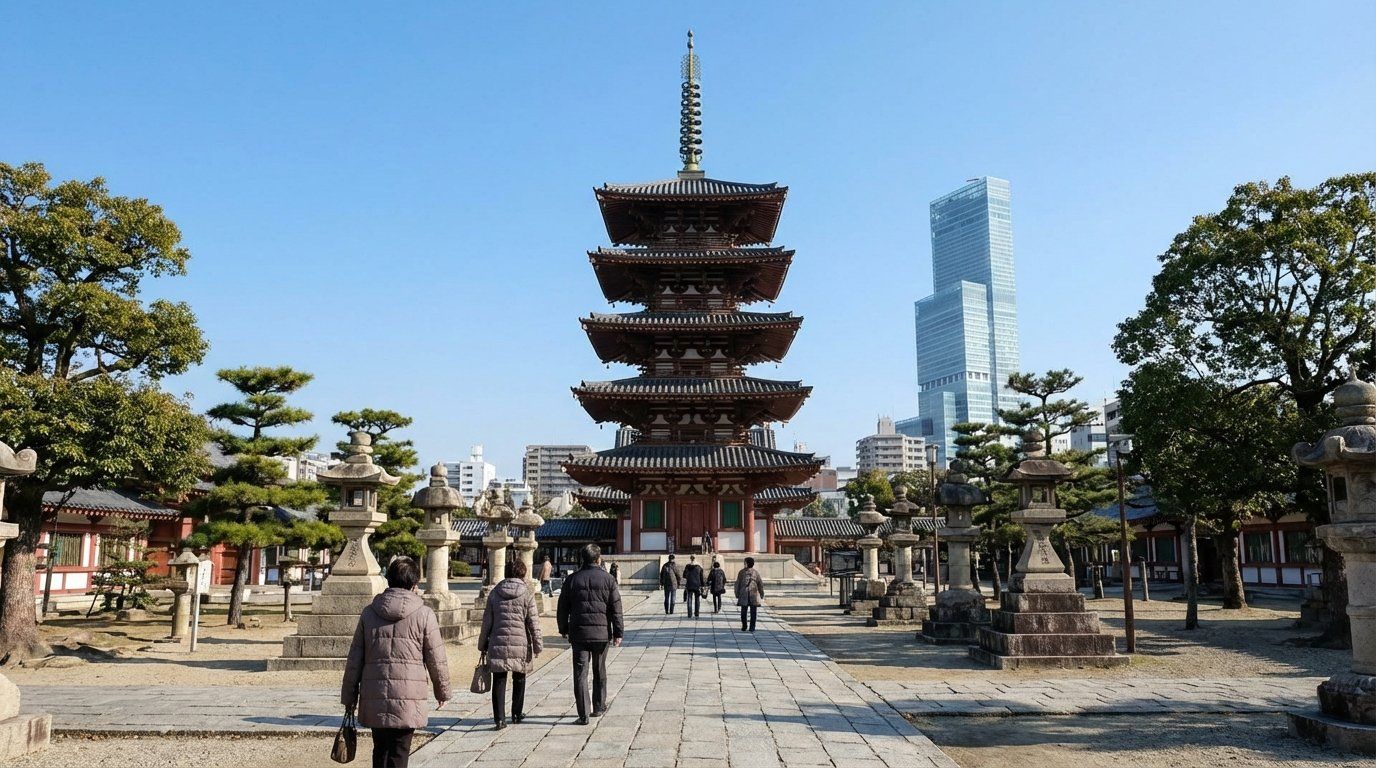 Shitennoji Temple's five-story pagoda framed against a clear sky, with stone paths and a few visitors walking the grounds, Abeno Harukas visible in the distant background