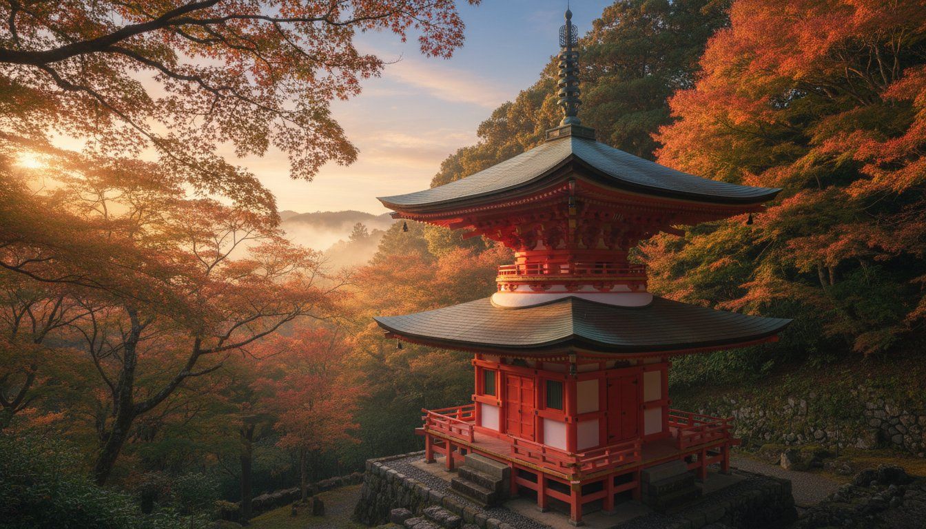 The distinctive vermillion-lacquered pagoda of Sekizan Zen-in emerging from dense forest on Mount Hiei's slopes, with the caged monkey statue visible on the roof