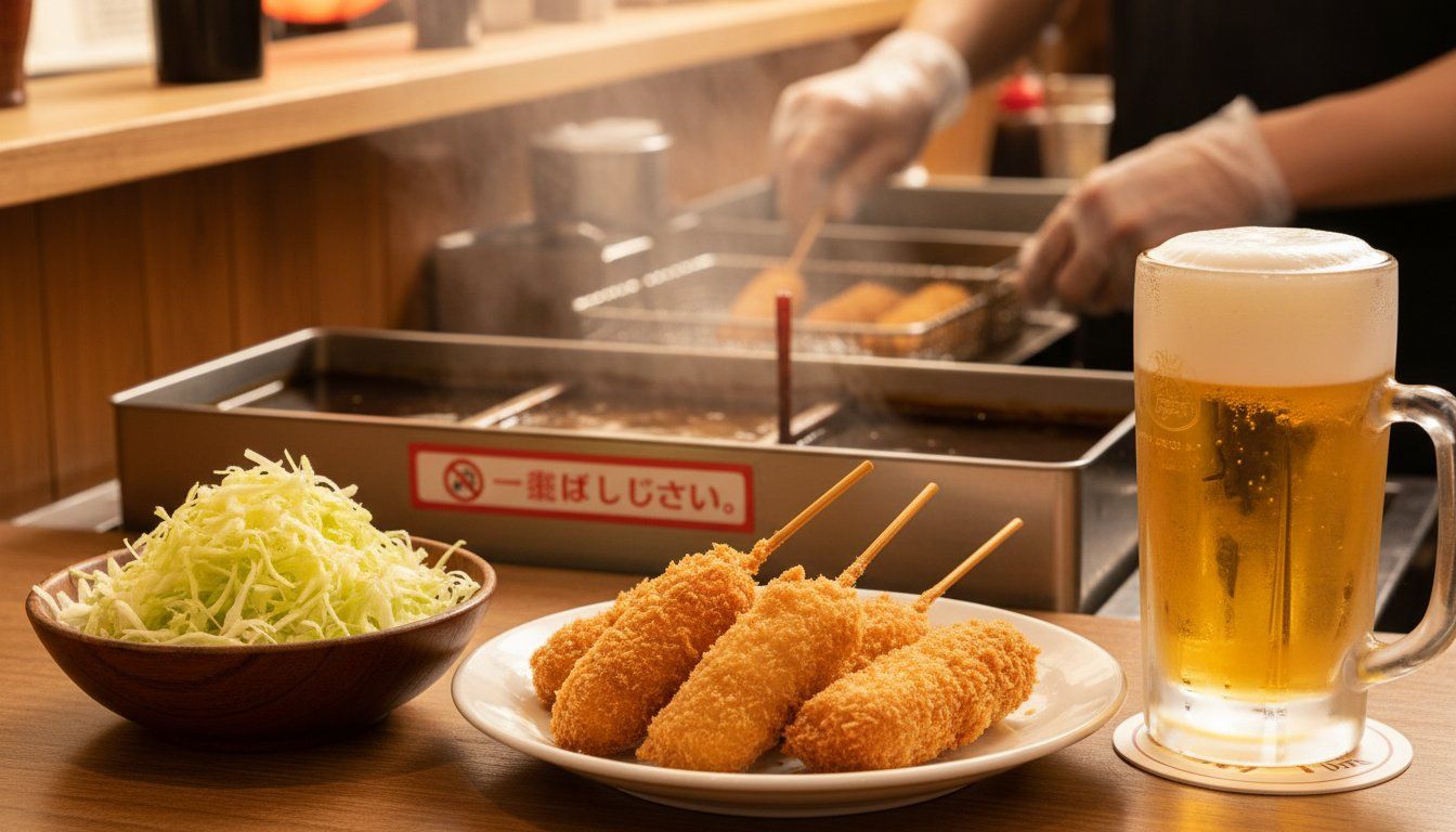 Close-up of a kushikatsu counter — a row of golden skewers on a customer's plate, the communal sauce trough visible, shredded cabbage in a bowl, a cold beer glass beside the plate, the cook's hands visible working the fryer in the background, warm amber lighting