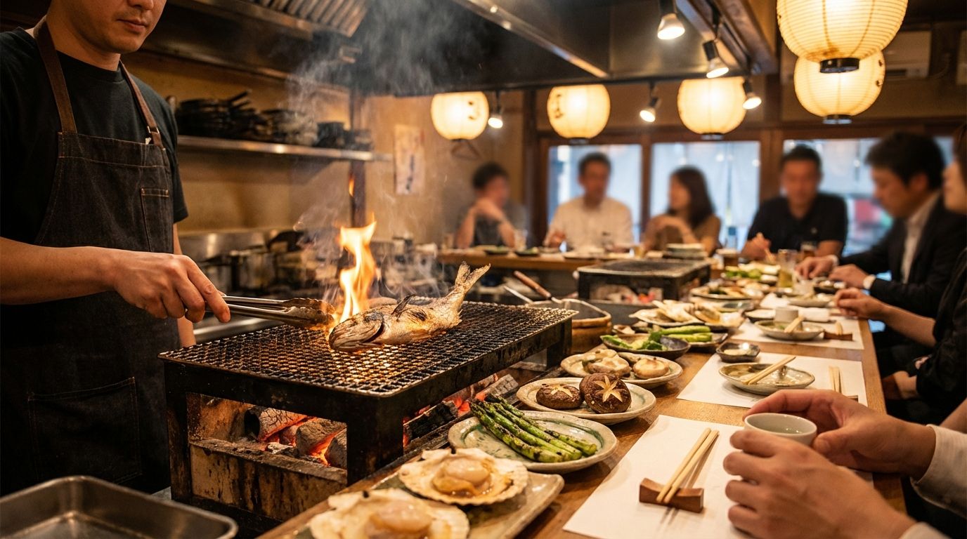 A robatayaki counter where a chef grills fresh seafood over charcoal, flames licking a whole fish on a wire rack, customers watching from the other side of the counter, small dishes of grilled vegetables and shellfish arranged on plates, smoky atmosphere with warm overhead lighting
