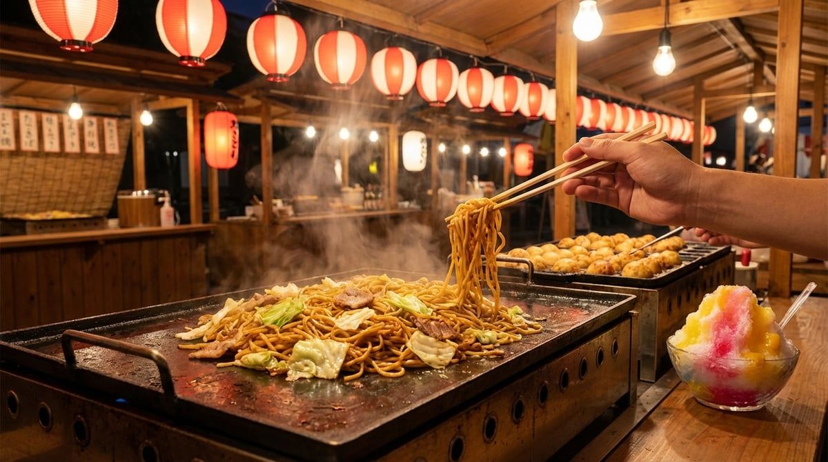 Festival food stalls at Japanese festival in Japan, yakisoba sizzling on griddle, takoyaki and kakigori, lantern-lit evening, steam rising