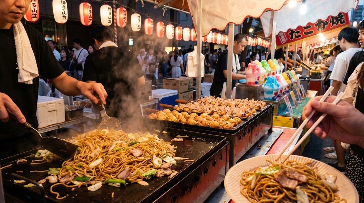 Festival food stalls at Hakata Gion Yamakasa in Fukuoka, yakisoba sizzling on griddle, takoyaki and kakigori, lantern-lit evening, steam rising