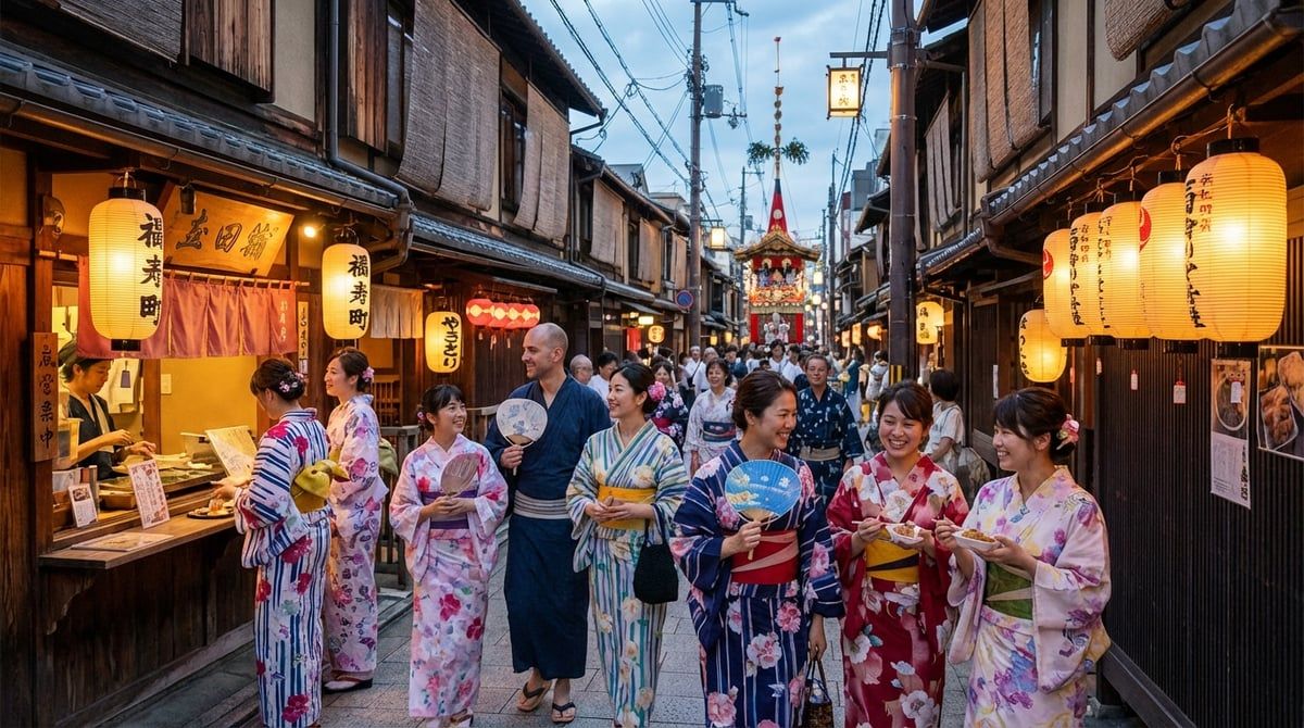 Visitors in yukata enjoying Gion Matsuri in Kyoto, friendly festival atmosphere, traditional lanterns, summer evening