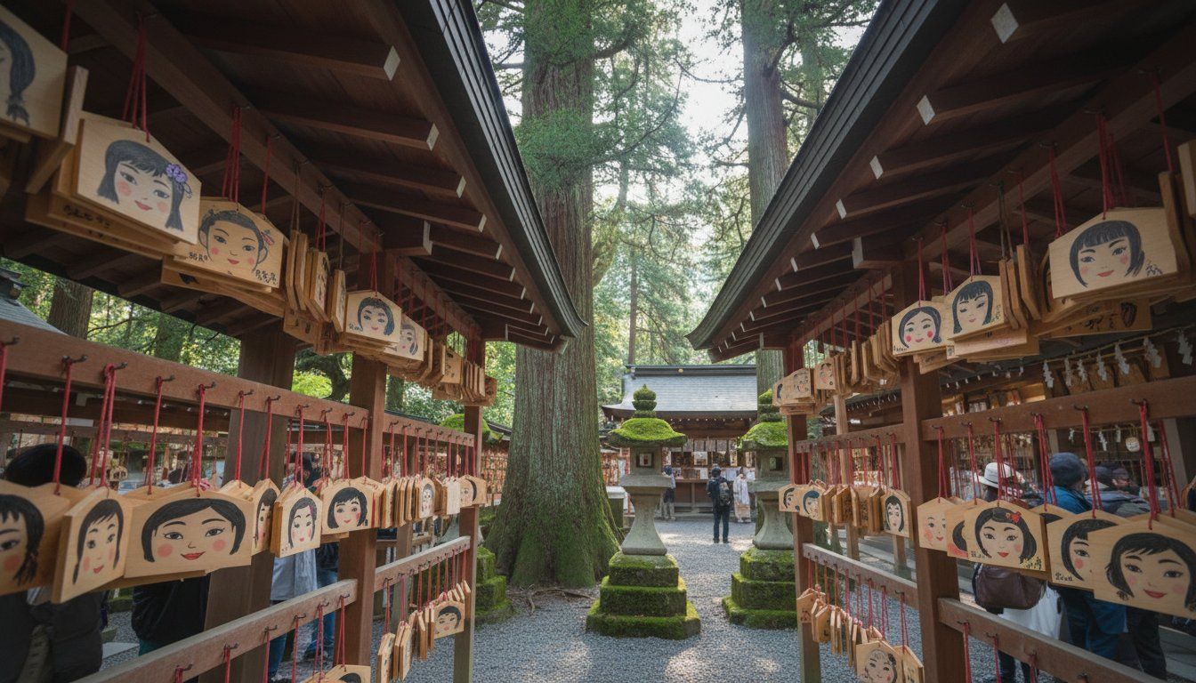 Rows of kagami ema (mirror-shaped votive tablets) with hand-drawn faces hanging at Kawai Shrine, dappled sunlight filtering through the ancient forest behind