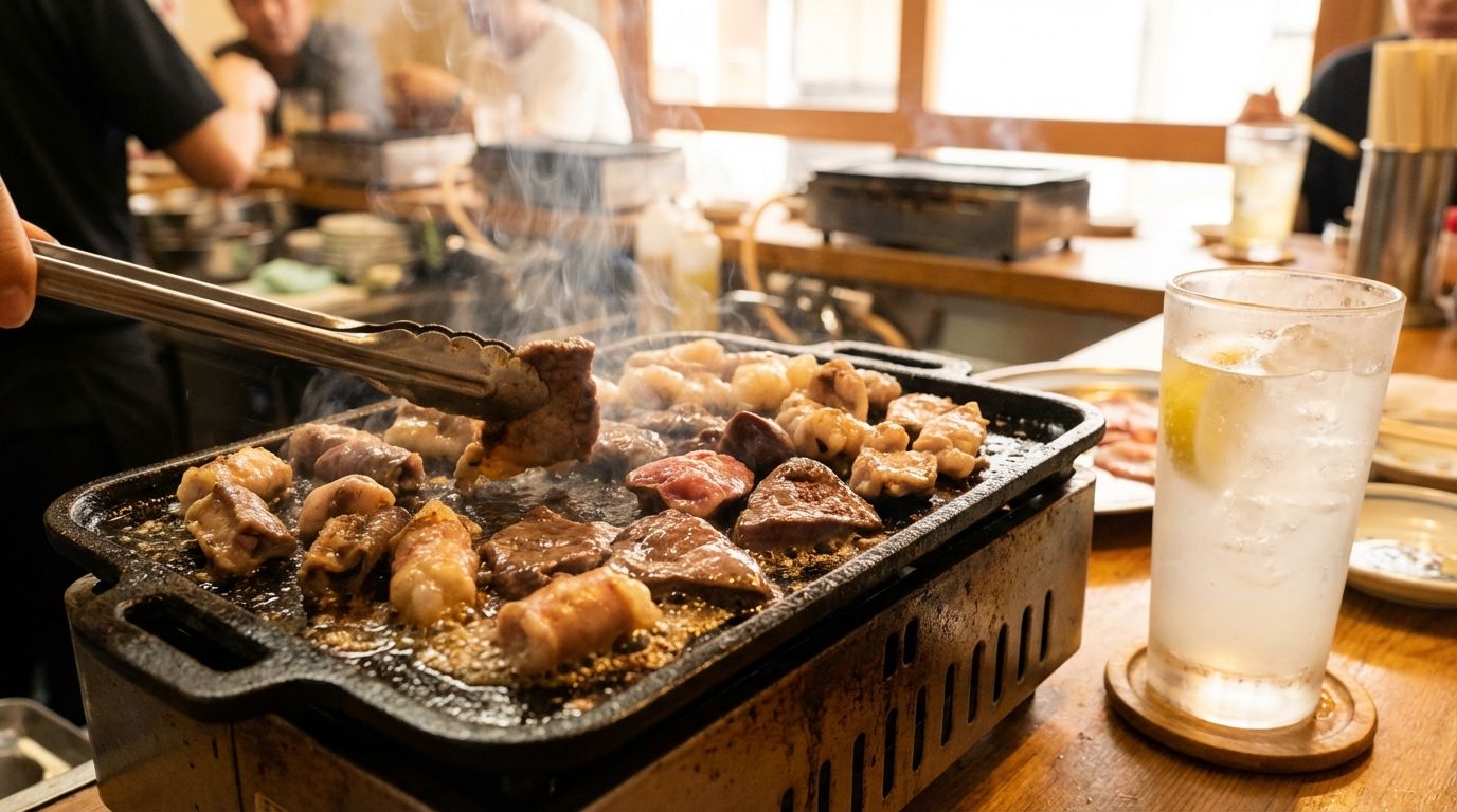 A sizzling iron griddle at a hormone restaurant counter with various cuts of beef and pork offal grilling, fat sputtering and caramelizing, tongs flipping pieces, a glass of cold lemon sour highball beside the grill, smoke rising in the warm light