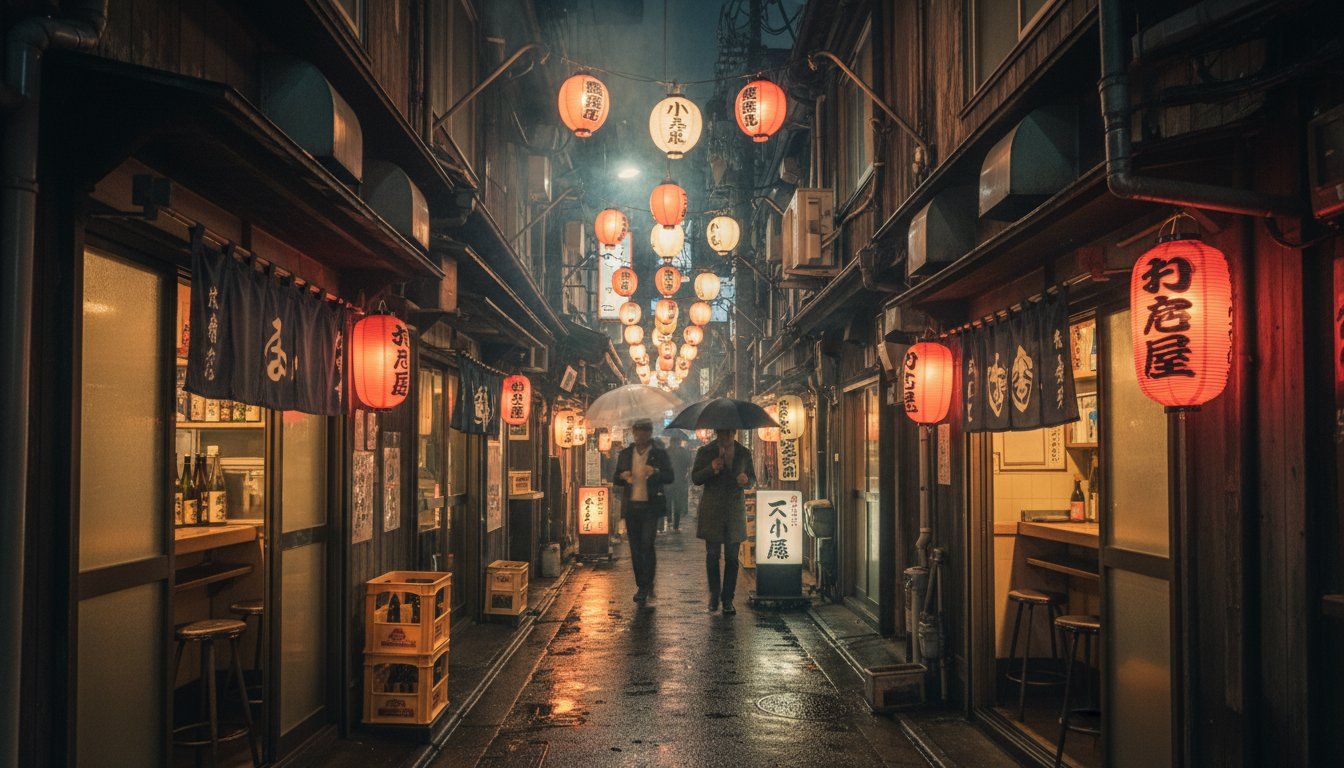 A vibrant yokocho alley at night, red and white paper lanterns strung overhead between buildings, narrow lane barely two meters wide lined with tiny bars on both sides, warm light spilling from open doorways, a few people walking between the bars, visible noren curtains at entrances, smoke and steam creating a hazy atmosphere