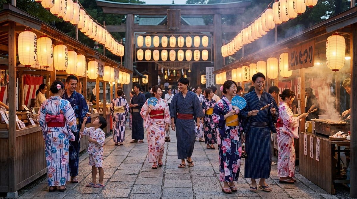 Visitors in yukata enjoying Japanese festival in Japan, friendly festival atmosphere, traditional lanterns, summer evening