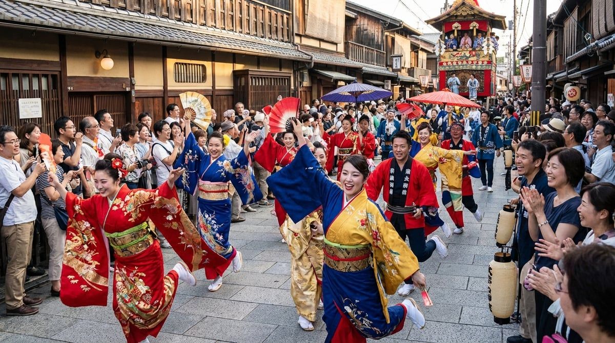Dancers performing at Japanese festival in Japan, traditional costumes with vivid colors, energetic movement, crowd cheering