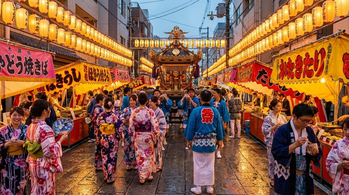Beautiful scene from Japanese festival in Osaka, traditional Japanese festival atmosphere, warm lighting, vibrant colors