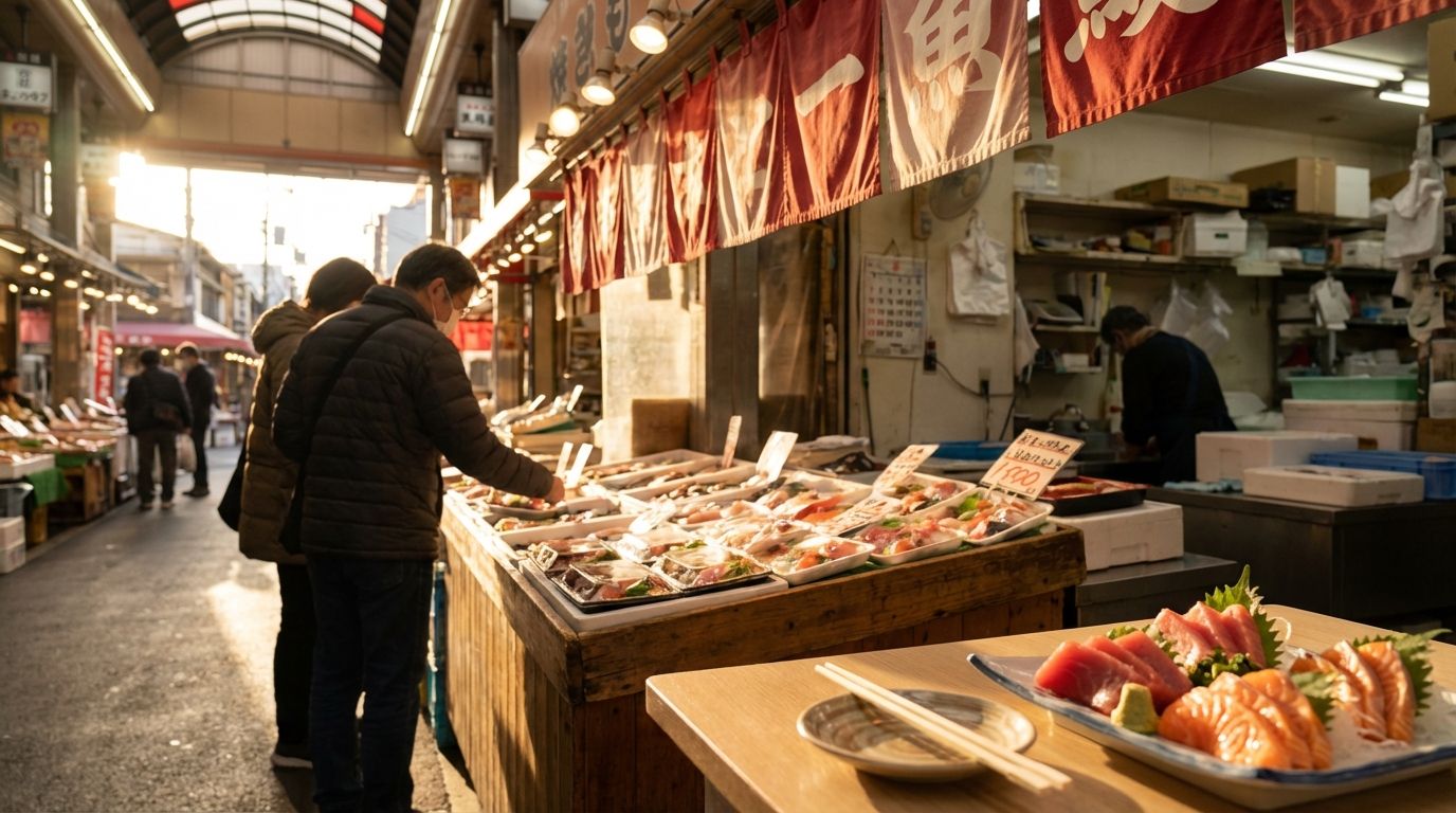 Late afternoon view of Kuromon Market's main arcade as warm golden light filters in from the west entrance, a few remaining customers browsing discounted sashimi sets at a seafood counter, red-and-white noren curtains swaying gently in the breeze, a sense of peaceful winding down after a bustling market day